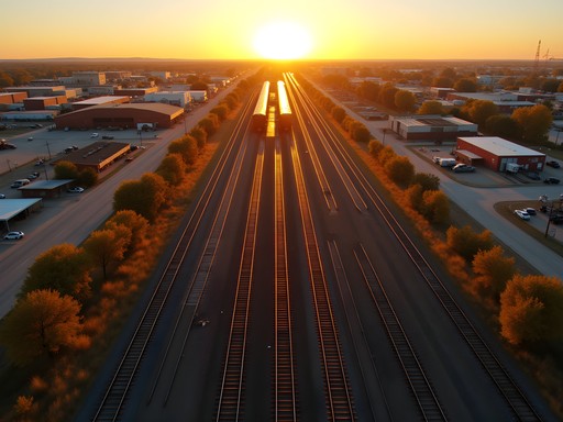 Aerial view of Bailey Yard train tracks creating patterns at sunset