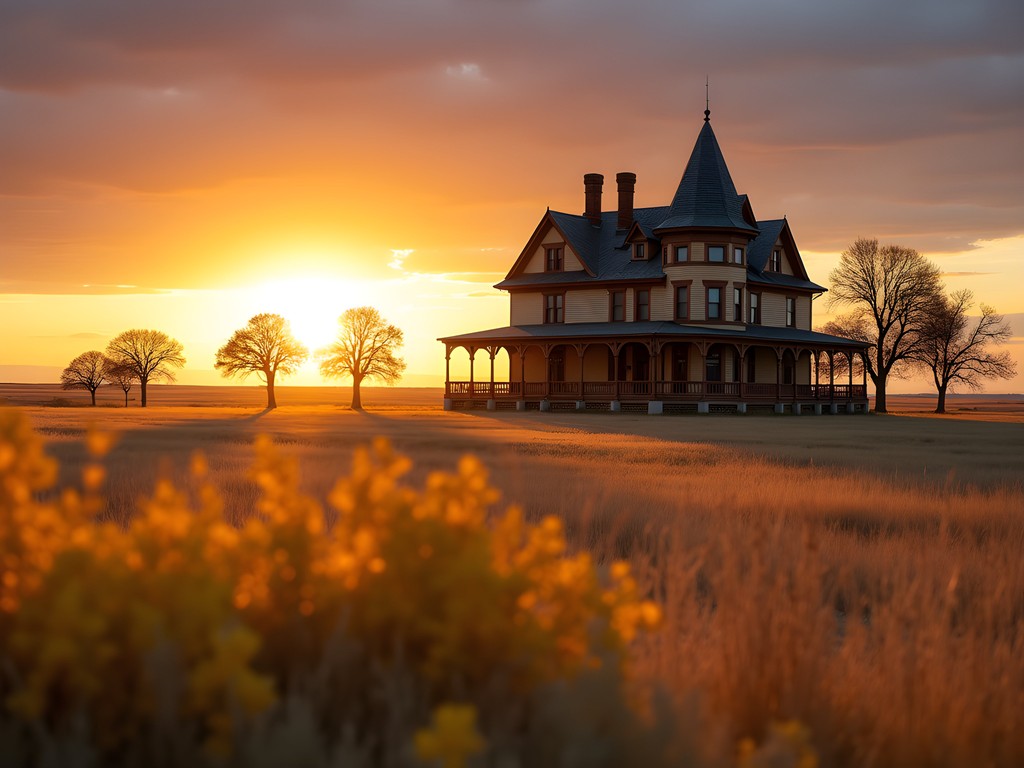 Buffalo Bill Ranch mansion bathed in golden hour light with autumn cottonwoods