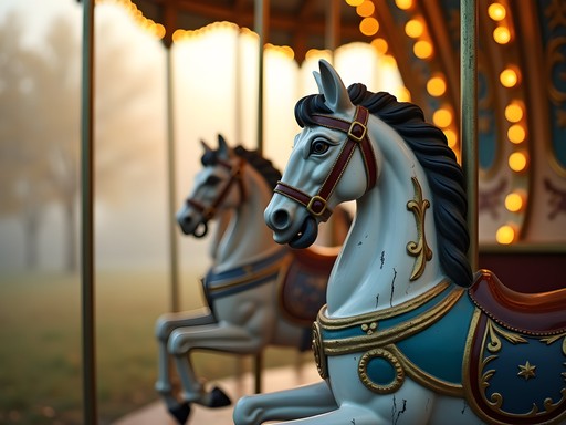 Vintage carousel at Cody Park shrouded in autumn morning mist