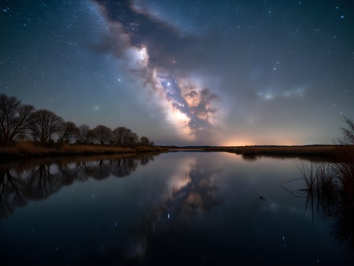 Milky Way reflecting in Lake Maloney with silhouetted trees