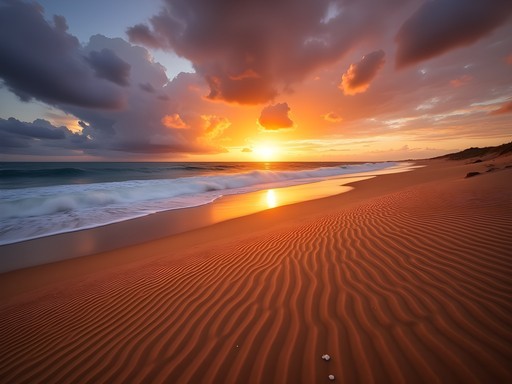 Dramatic landscape where Sahara desert dunes meet the Atlantic Ocean at sunset near Nouadhibou