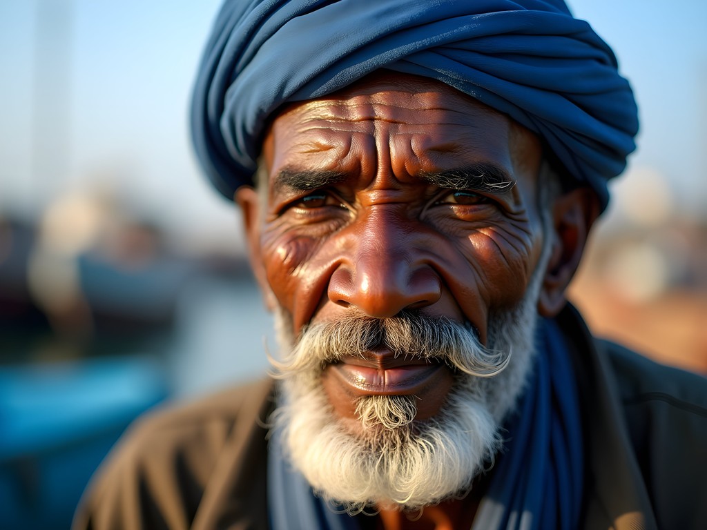Portrait of weathered Mauritanian fisherman at Nouadhibou port