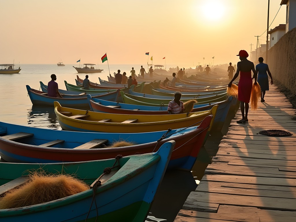 Colorful fishing boats at Nouadhibou port during golden hour sunrise