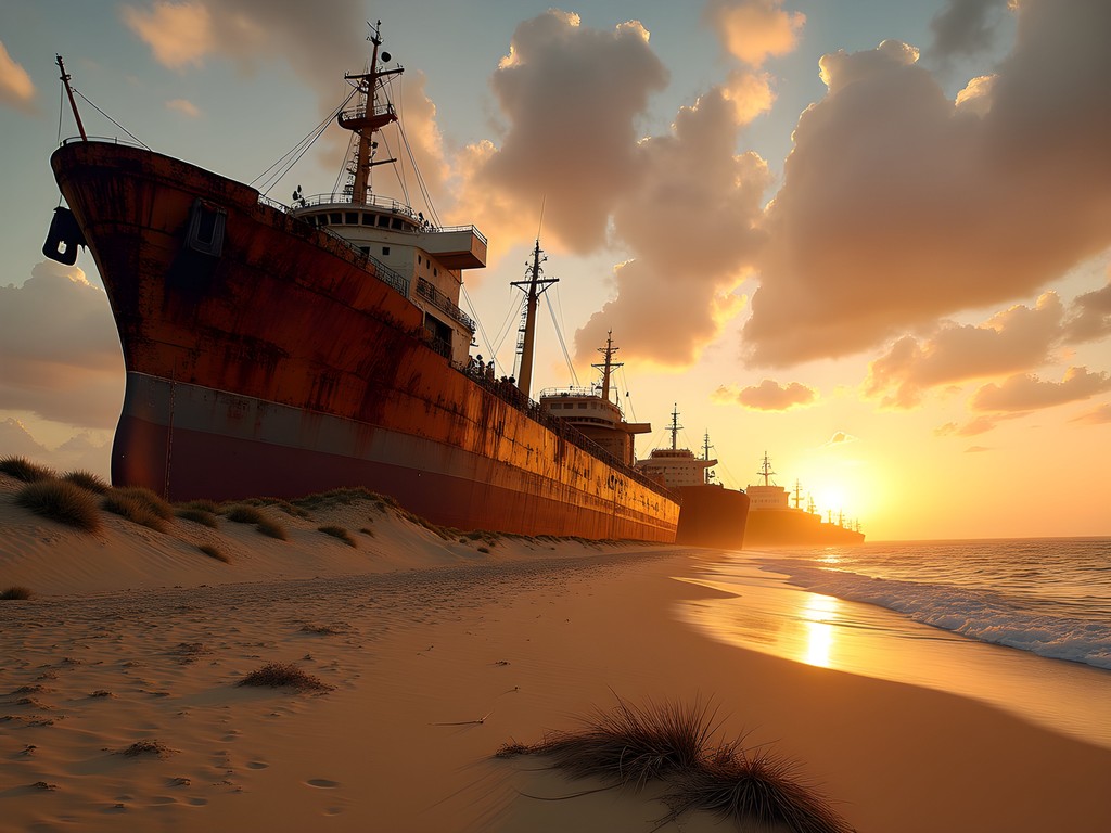 Abandoned ships at Nouadhibou's ship graveyard during sunset