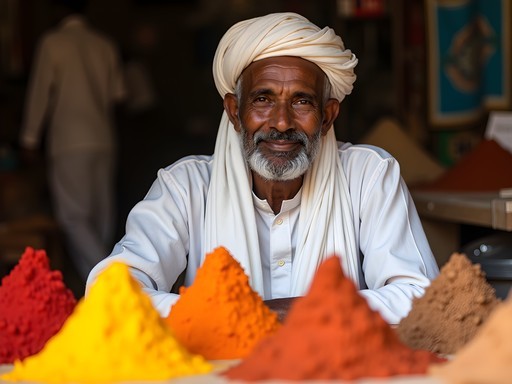 Mauritanian spice vendor with colorful spice displays in Nouadhibou market