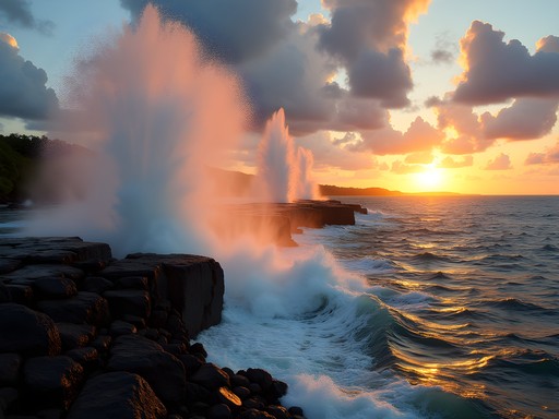 Mapu'a 'a Vaea blowholes erupting at sunset on Tongatapu's southern coast