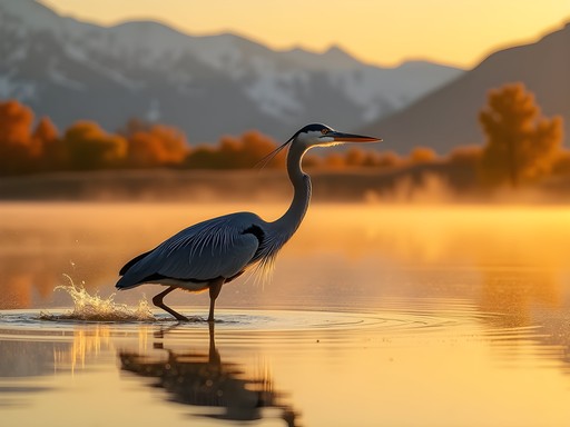 Great blue heron hunting at sunrise in Ogden Bay Waterfowl Management Area