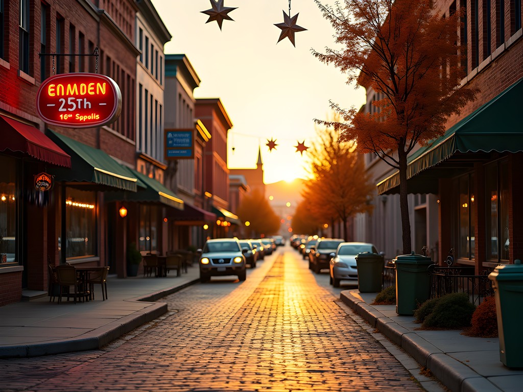 Historic 25th Street in Ogden Utah during golden hour with vintage neon signs