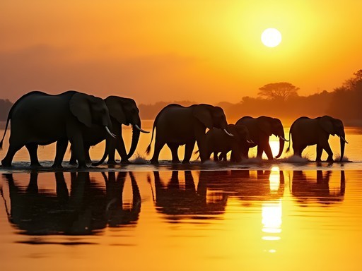 Elephant herd crossing water channel in Okavango Delta at sunset