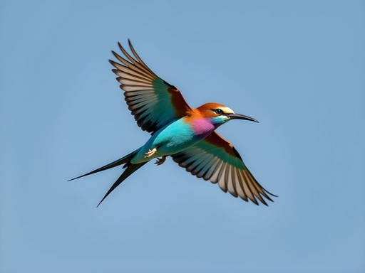 Vibrant lilac-breasted roller bird in flight over Okavango Delta