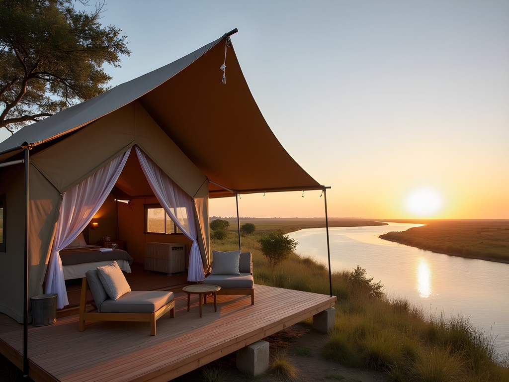 Luxury safari tent overlooking Okavango Delta waterway at sunset