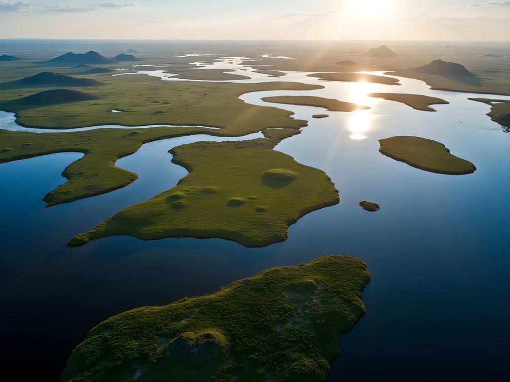 Aerial view of Okavango Delta waterways and islands during winter season