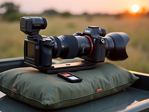 Professional camera gear setup in safari vehicle in Okavango Delta