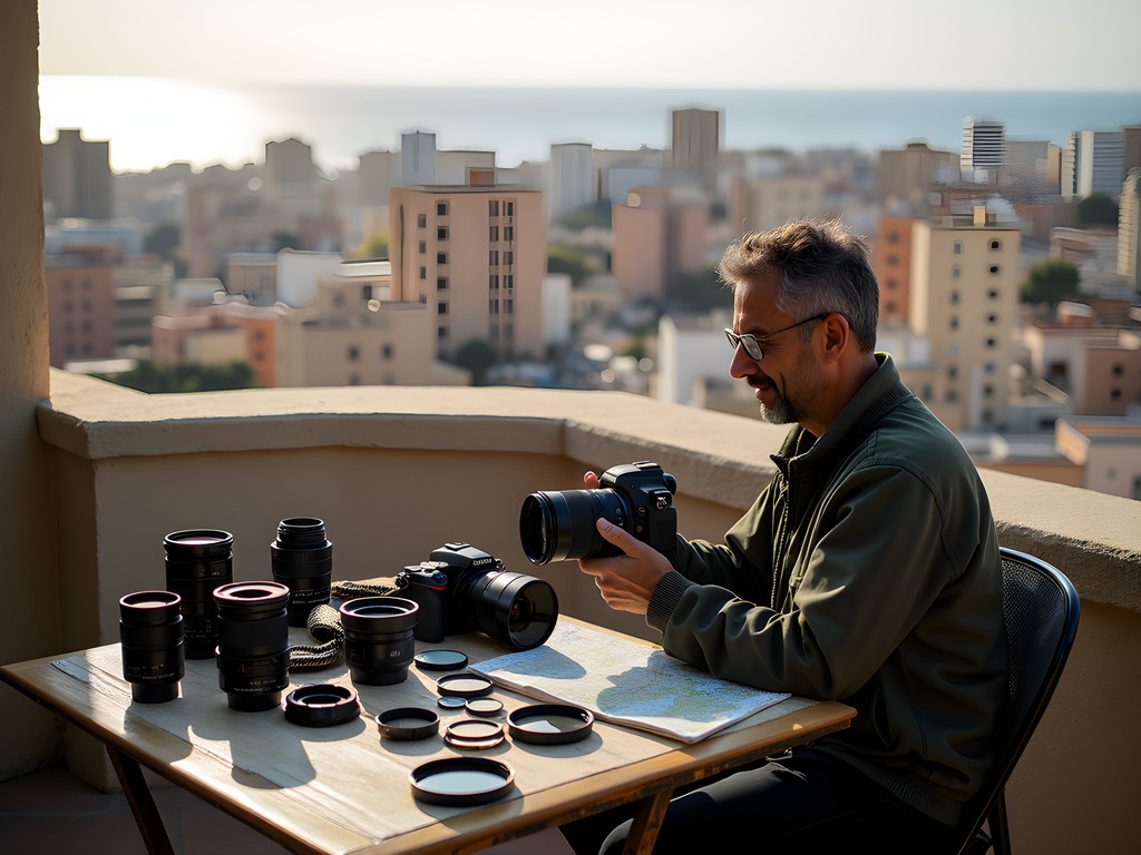 Photographer preparing equipment with view of Oran cityscape in background