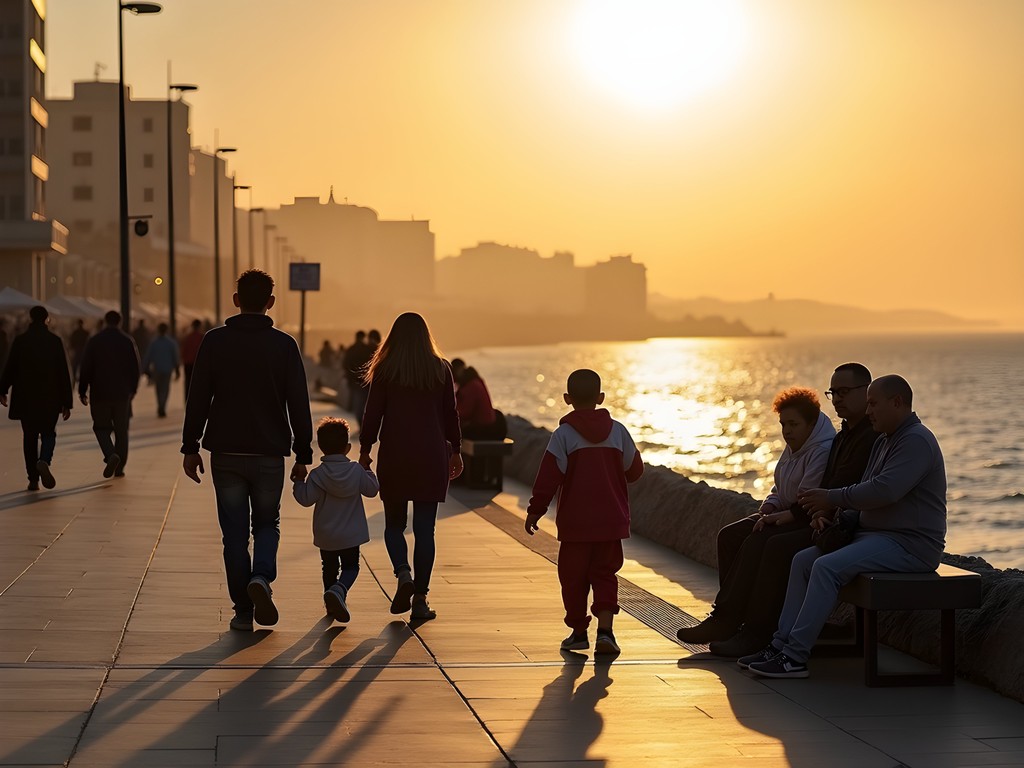 Locals enjoying evening light on Front de Mer promenade in Oran with Mediterranean Sea view