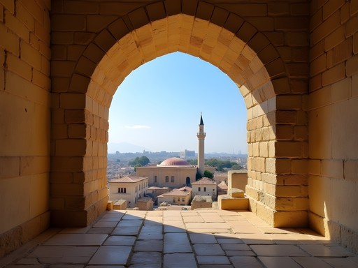 View of Oran city and mosque minaret framed through ancient stone archway at Fort Santa Cruz