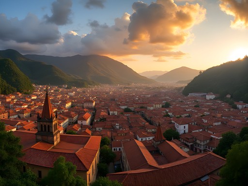 Panoramic view of Ouro Preto's terracotta rooftops and church spires at sunset