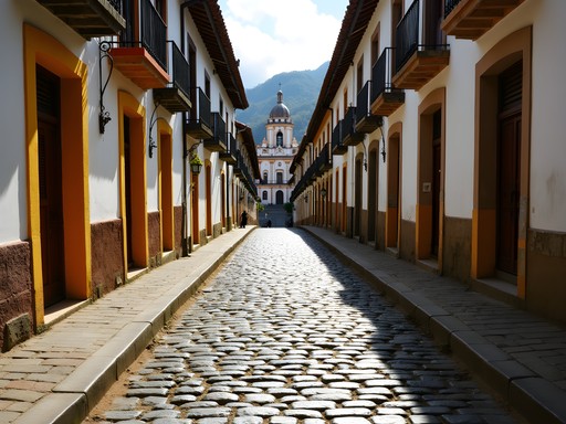 Steep cobblestone street in Ouro Preto with colonial architecture and distant church