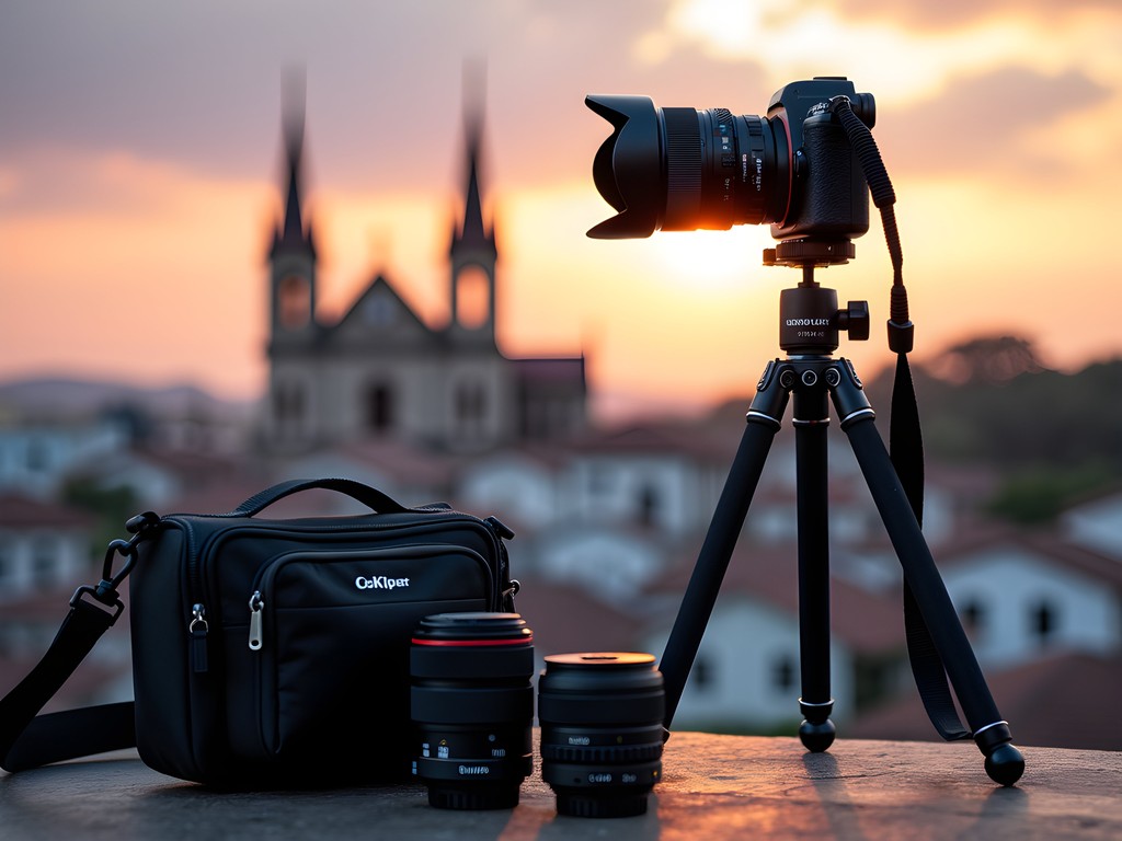Photographer's equipment set up for sunset shoot overlooking Ouro Preto's colonial skyline