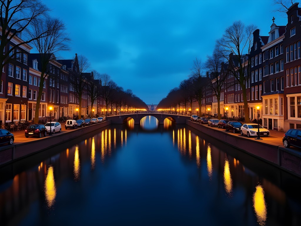Amsterdam canal during blue hour with perfect reflections and illuminated historic buildings