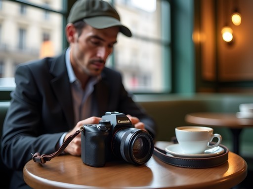 Photographer with discreet camera setup in Parisian café