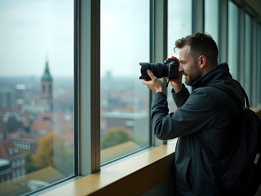 Photographer composing shot of geometric patterns at Amsterdam public library viewpoint