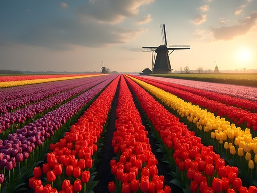 Vibrant rows of colorful tulips in Dutch countryside with windmill in distance