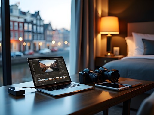 Photographer editing Paris and Amsterdam images on tablet in hotel room