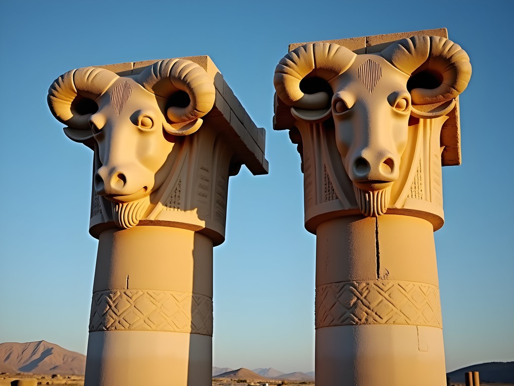 Double-headed bull column capitals at Persepolis illuminated by evening light
