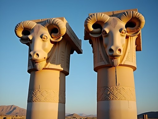 Double-headed bull column capitals at Persepolis illuminated by evening light