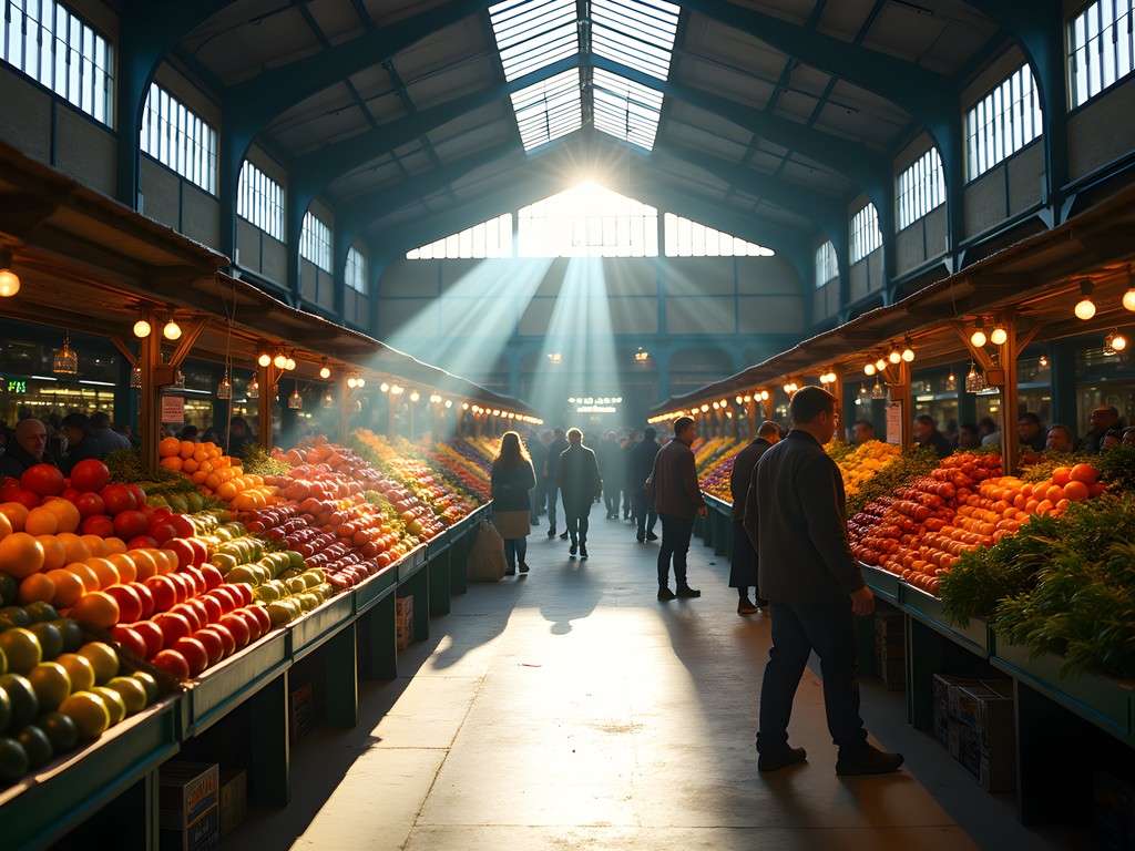 Morning light streaming through Fremantle Markets with colorful produce displays