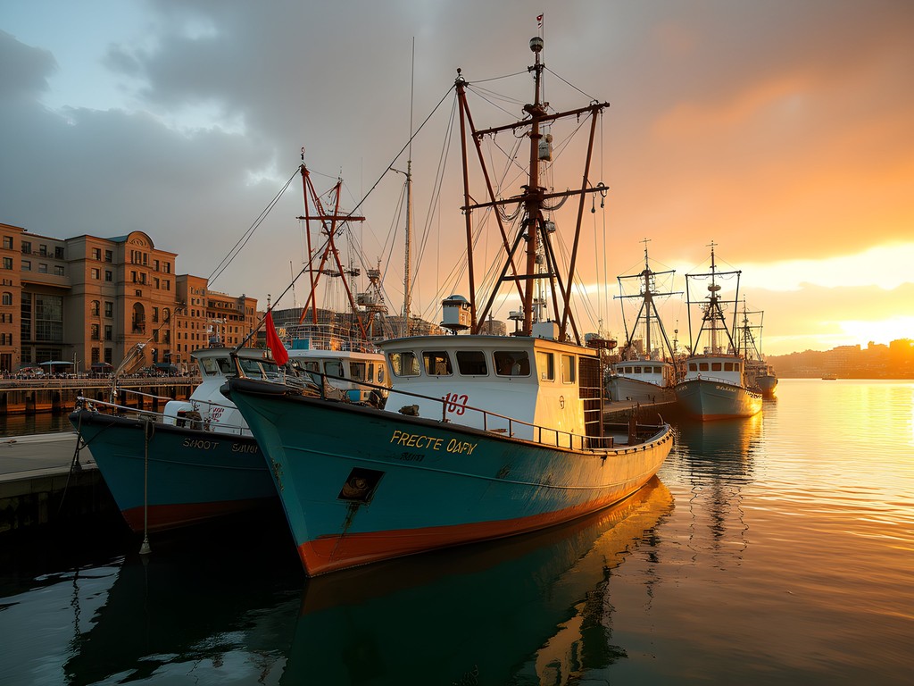 Fishing boats at Victoria Quay Fremantle Harbor at dawn with dramatic lighting