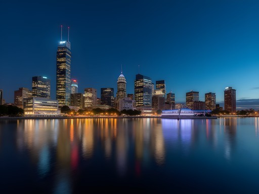 Perth Bell Tower and Elizabeth Quay illuminated at night with city reflections in Swan River