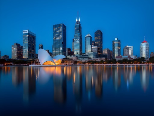 Perth city skyline reflecting in Swan River during blue hour at Elizabeth Quay