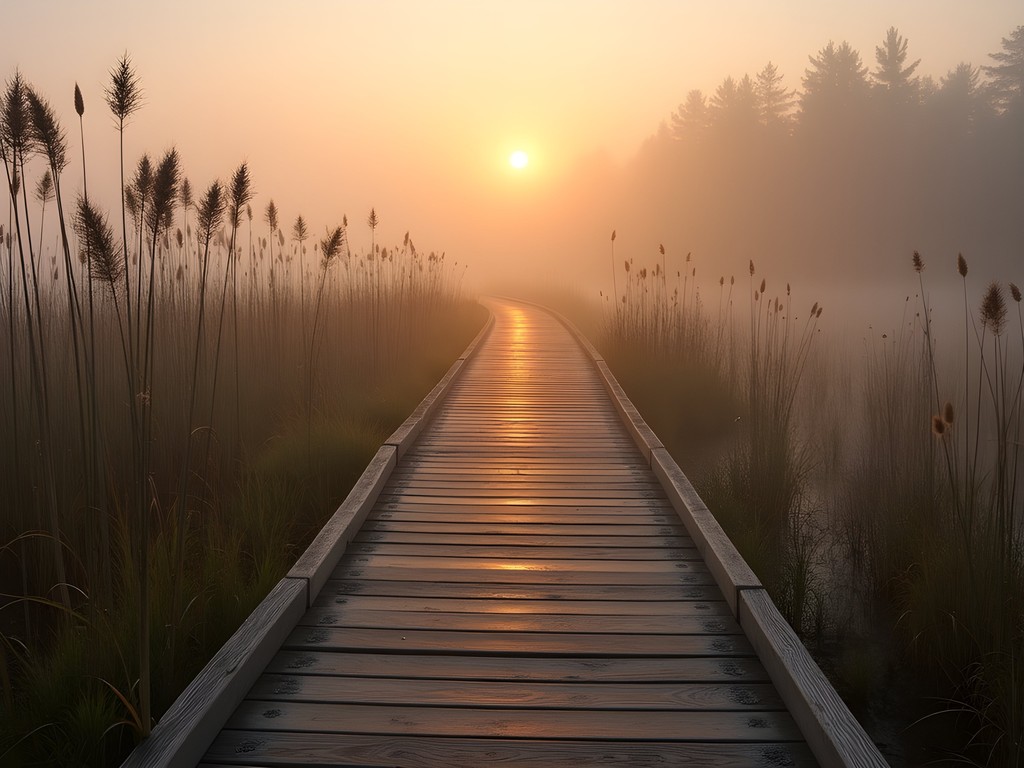 Wooden boardwalk through misty wetlands at French Regional Park at sunrise