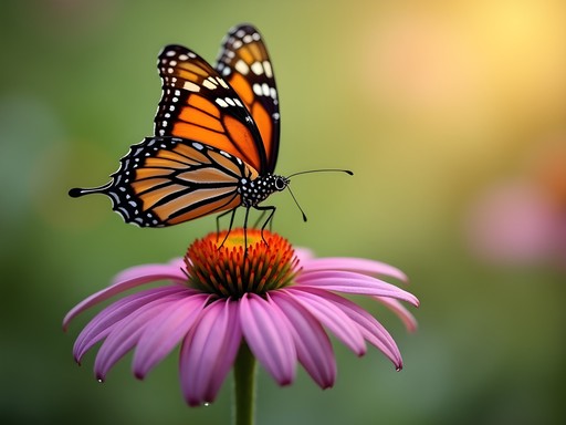 Close-up of monarch butterfly on purple coneflower in Millennium Garden with bokeh background