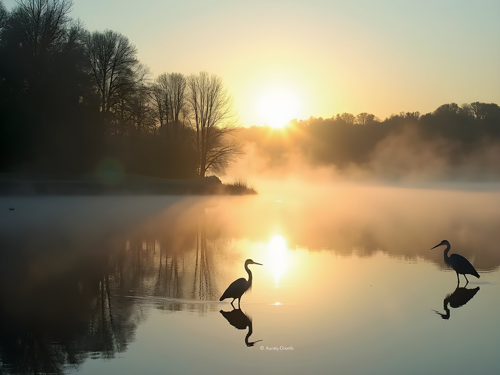 Morning mist rising from Parker's Lake with silhouette of heron fishing in shallows