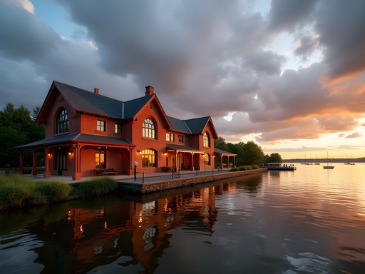 Historic Wayzata Depot bathed in sunset light with Lake Minnetonka and sailboats in background