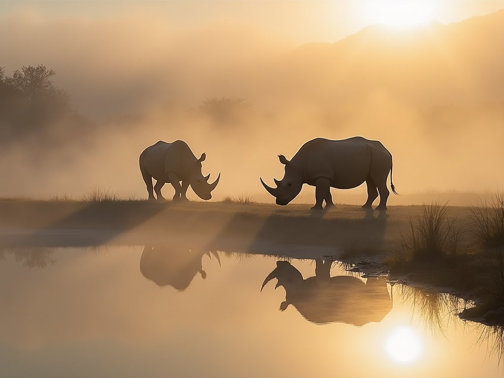 White rhinos emerging from morning mist at Kragga Kamma Game Park