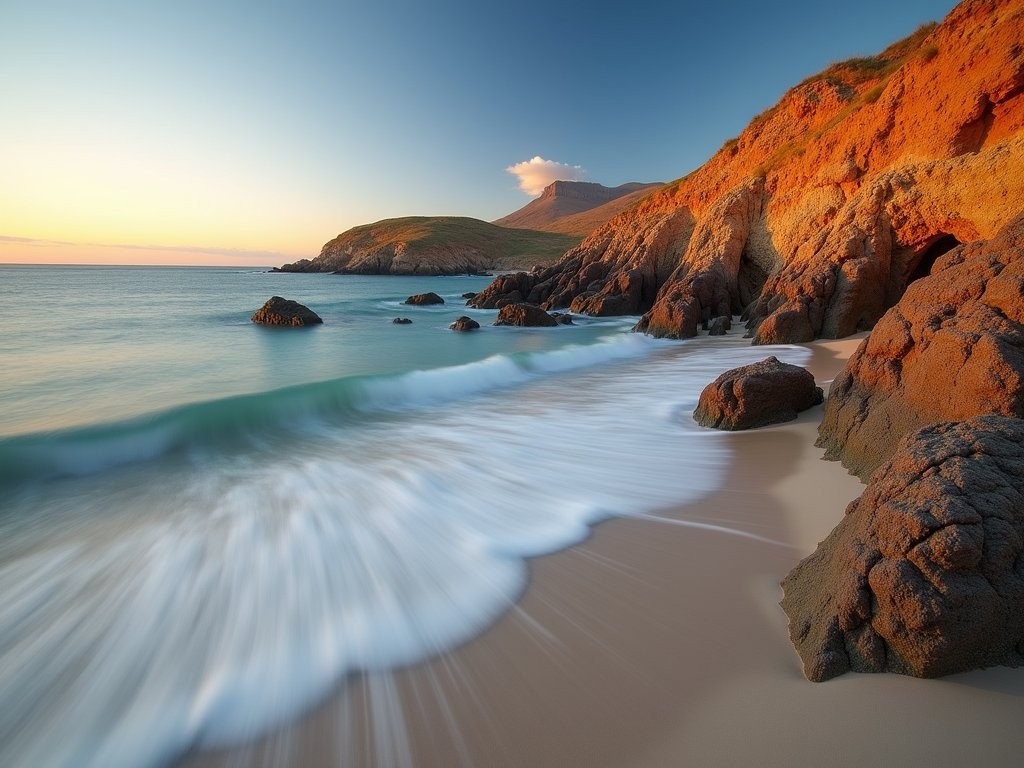 Long exposure seascape at Sardinia Bay during golden hour with silky waves