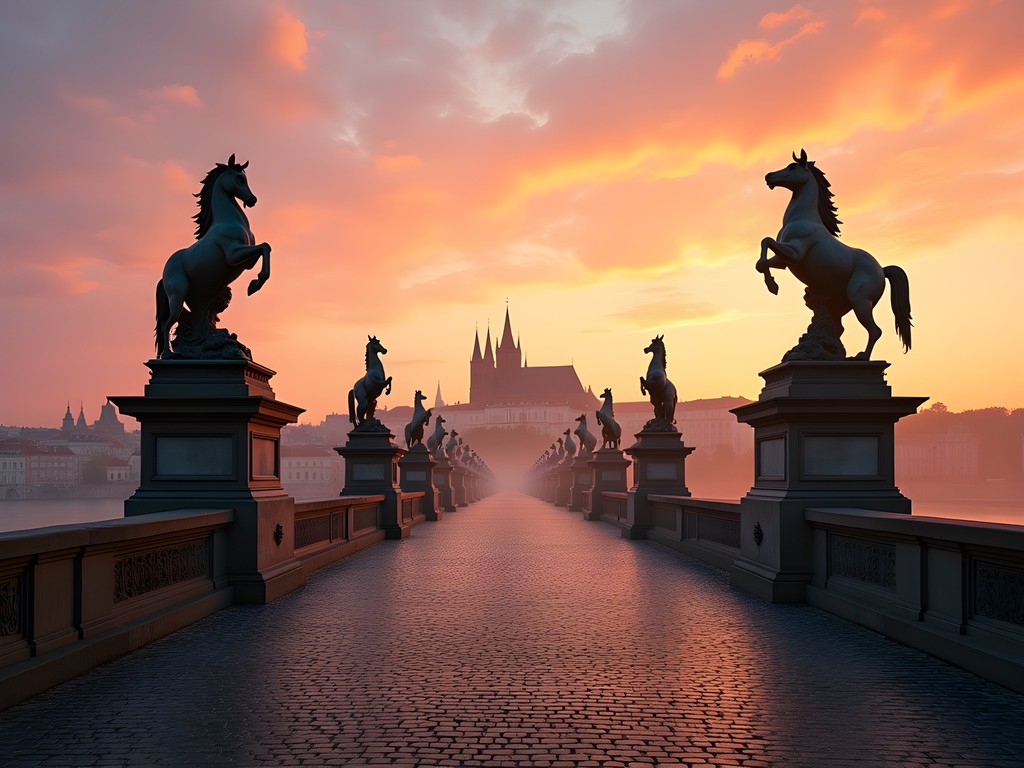 Empty Charles Bridge at dawn with golden light illuminating the statues and Prague Castle in background