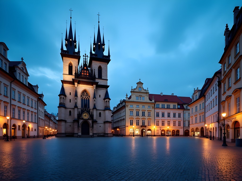 Empty Old Town Square in Prague during blue hour with illuminated Týn Church and Astronomical Clock