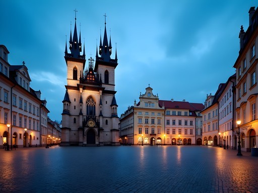 Empty Old Town Square in Prague during blue hour with illuminated Týn Church and Astronomical Clock