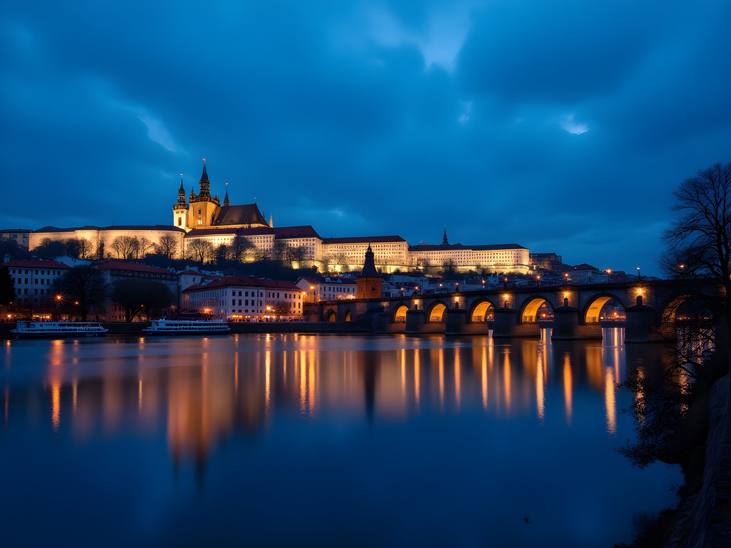 Prague cityscape during blue hour with Charles Bridge and Prague Castle illuminated, reflecting in Vltava River