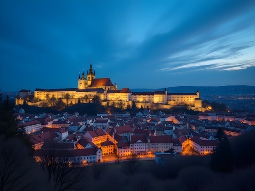 Panoramic view of Prague Castle and St. Vitus Cathedral during blue hour from Petřín Hill