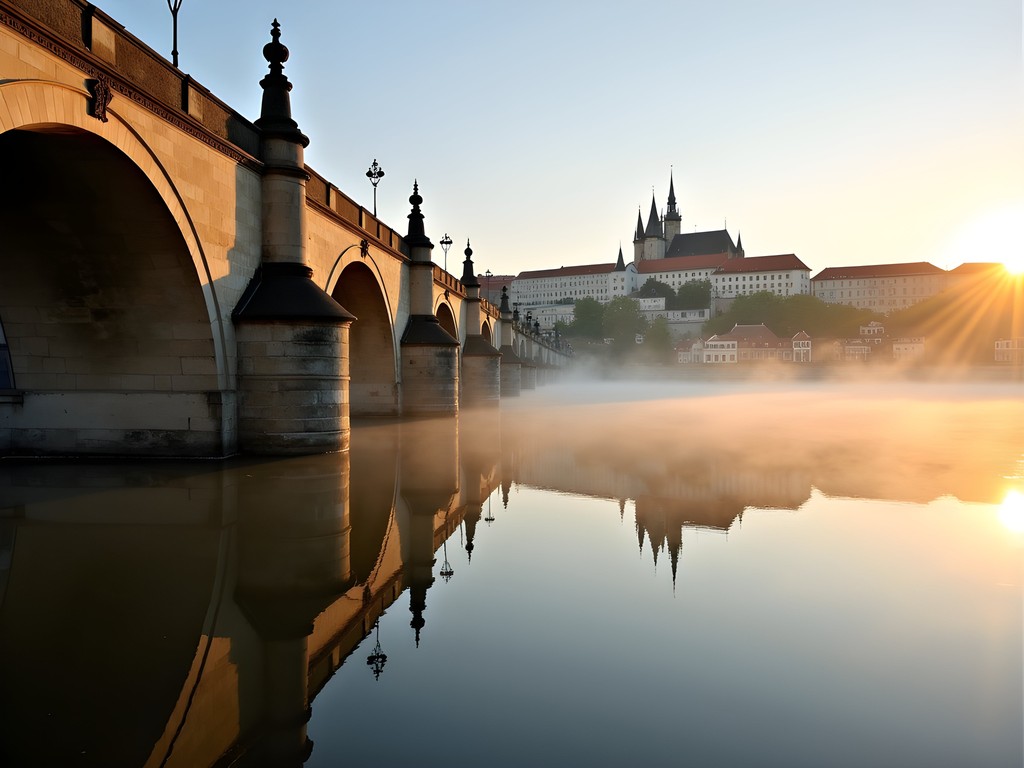 Low angle view of Charles Bridge arches from Kampa Island with perfect reflection in Vltava River