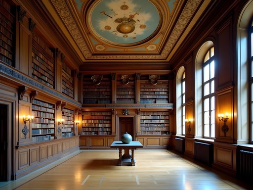 Interior of Strahov Monastery's Philosophical Hall with ornate ceiling frescoes and historic bookshelves