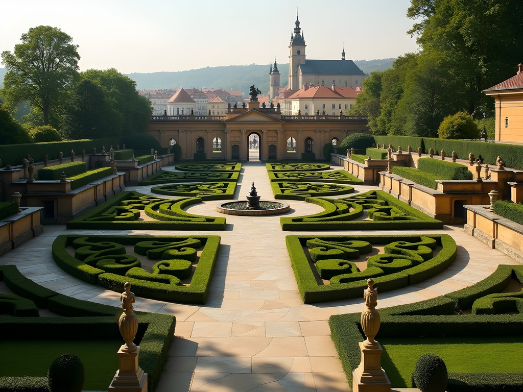 Terraced Baroque Vrtba Garden with framed view of Prague Castle and St. Nicholas Church dome