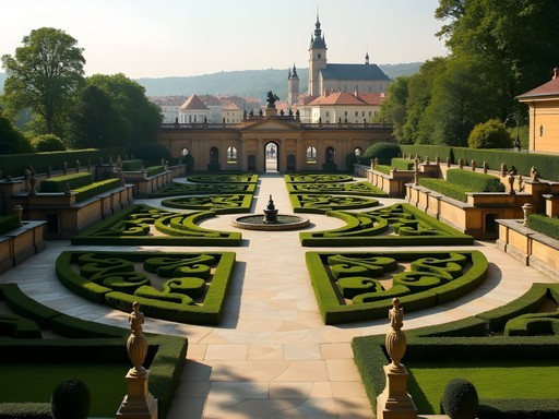 Terraced Baroque Vrtba Garden with framed view of Prague Castle and St. Nicholas Church dome