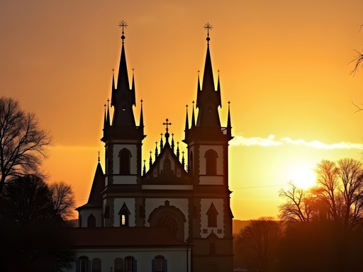 Silhouette of Saints Peter and Paul Basilica twin spires at Vyšehrad during golden hour sunset